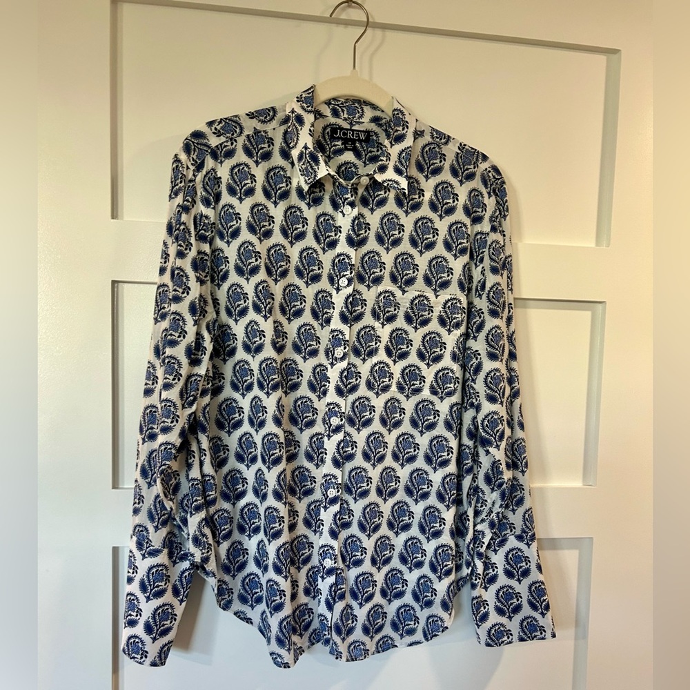 J Crew Blue and White Print Blouse, Size 10, French Cuff